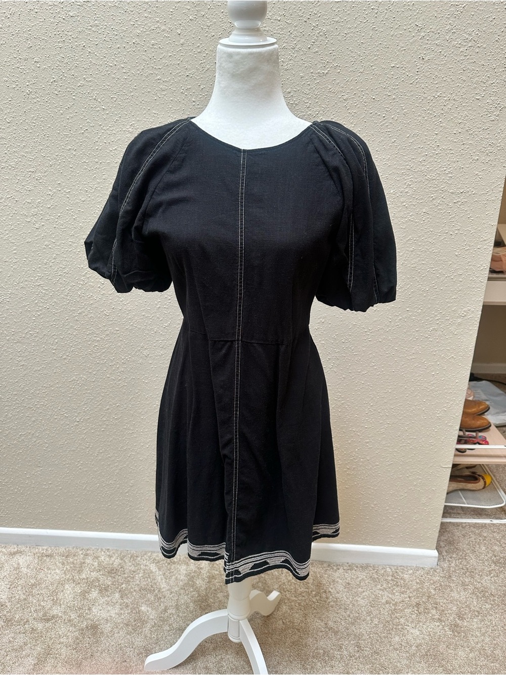 En Saison Linen Blend Fit And Flare Puff Sleeve Mini Dress Sz Medium Minimalist